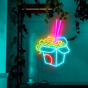 Chiński znak LED Neon Box na wynos | Dekoracja ścienna z chińskim jedzeniem | Makaron Ramen | Wok w pudełku, Wybierz kolor, rozmiar i kontroluj jasność