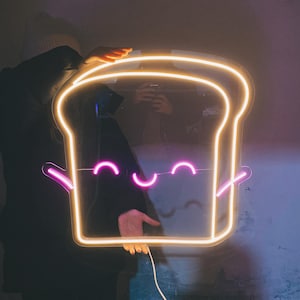 Lindo letrero de neón LED de tostadas / Regalo de desayuno kawaii / Habitación para niños, decoración de cocina / Luz de noche de pan: ¡elige color, tamaño y controla el brillo!