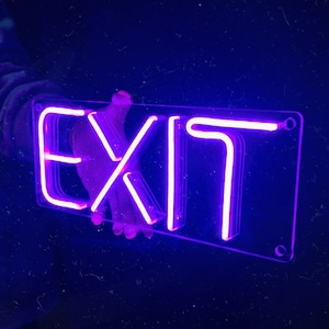 May include: A neon sign with the word "EXIT" in pink neon letters on a clear acrylic background.
