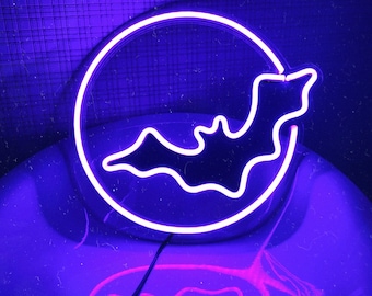 Bat and Moon LED Neon Sign - Perfect Halloween Lamp for a Spooktacular Party! - Choose your color, size and control your brightness!