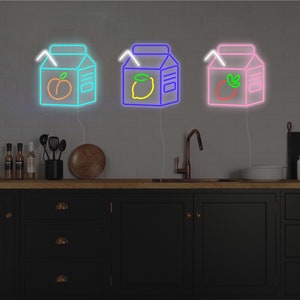 かわいいフルーツジュースとミルクボックスのLEDネオンサイン、かわいいミルクカートン、ピーチ、レモン、イチゴ - 色、サイズを選択し、明るさをコントロールします