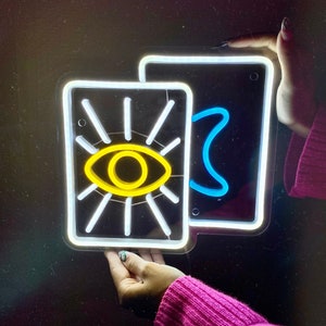 Cartas de tarô com o Olho Que Tudo Vê, placa de LED - Decoração astrológica para casa - Luzes de neon para tarô