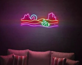 Western Desert With Cactus LED Neon Sign | Cactus Wall Decor | Nature Aesthetic | Sandy Desert Mountains | Travelers gift