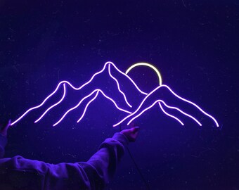 Mountain LED Neon Sign | Customize Large Sunset Acrylic Wall Art | Travelers, Hiking, Climbing gift - Choose color, size, control brightness