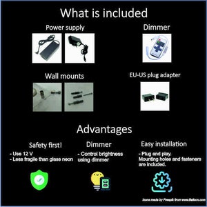 May include: Black graphic with the text "What is included" and "Advantages". Includes a power supply, dimmer, wall mounts, and an EU-US plug adapter. Advantages include safety, dimmer control, and easy installation.