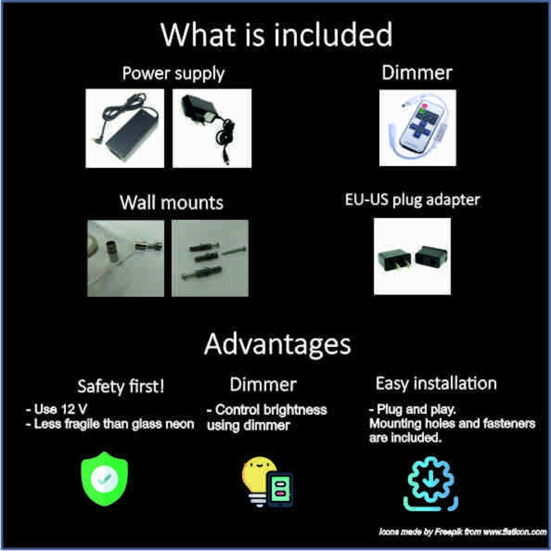 May include: Black graphic with the text "What is included" and "Advantages". Includes a power supply, dimmer, wall mounts, and an EU-US plug adapter. Advantages include safety, dimmer control, and easy installation.