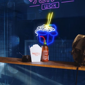 Chiński znak LED Neon Box na wynos | Dekoracja ścienna z chińskim jedzeniem | Makaron Ramen | Wok w pudełku, Wybierz kolor, rozmiar i kontroluj jasność