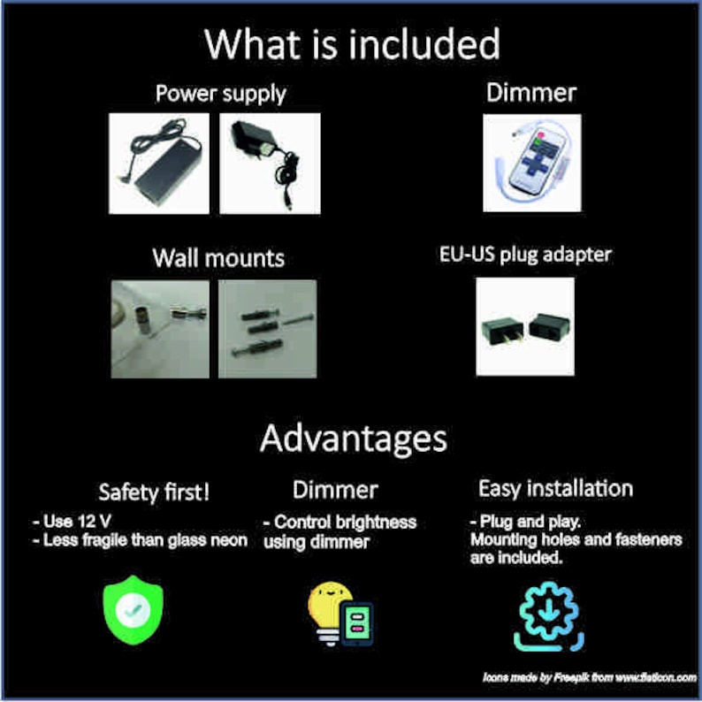 May include: A diagram showing what is included with a neon sign, including a power supply, dimmer, wall mounts, and a EU-US plug adapter. The advantages of the neon sign are listed below, including safety first, dimmer, and easy installation.