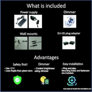 May include: A diagram showing what is included with a neon sign, including a power supply, dimmer, wall mounts, and a EU-US plug adapter. The advantages of the neon sign are listed below, including safety first, dimmer, and easy installation.