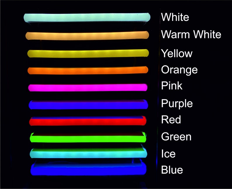 May include: A black background displays a spectrum of glowing, rectangular light bars in various colors. The colors include white, warm white, yellow, orange, pink, purple, red, green, ice, and blue, with corresponding text labels.