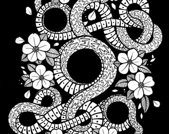 Snake/Floral Illustration - A4 Original Artwork Pen Drawing