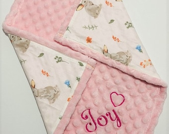 Personalized Baby Blanket, Rabbit Baby Blanket, Custom Baby Blanket, Bunny Baby Blanket, Minky Blanket, Baby Girl Blanket