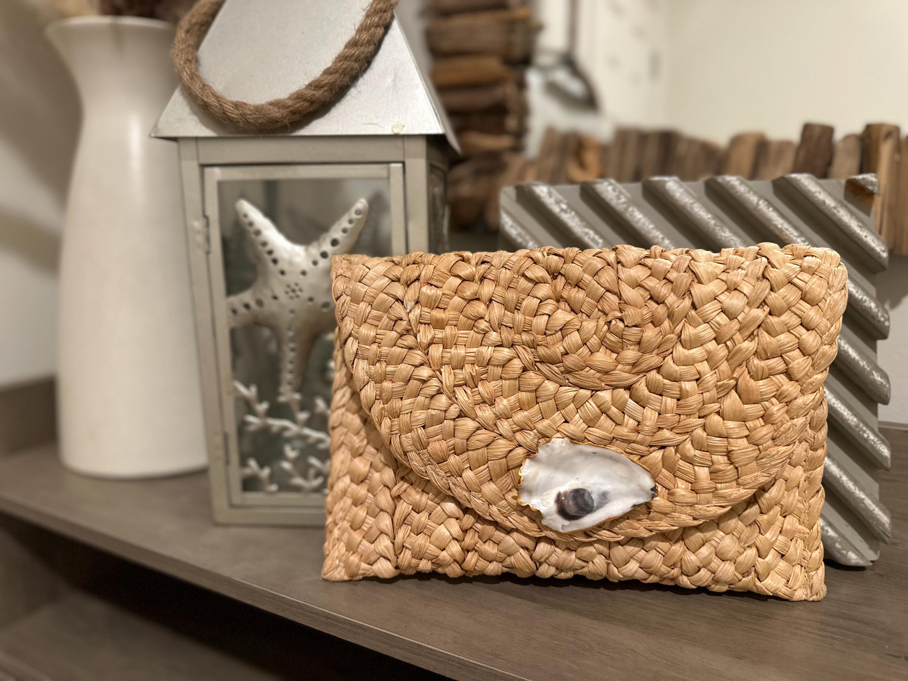 Natural Straw Woven Clutch - oyster shell - handbag