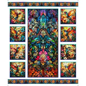 May include: A rectangular panel featuring a central vertical column of intricate, colorful floral and leaf patterns in a stained glass style, flanked by eight smaller square panels, each depicting a hummingbird amidst vibrant flowers.