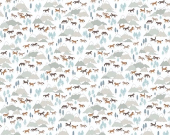 NEW! Horizon by Pippa Shaw for Figo Fabrics - Sold by 1/2 Yards - Horses and Mountains on White
