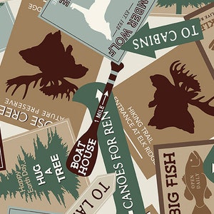 MOOSE CREEK LODGE - Benartex for Kanvas Studios - sold by 1/2 yard - Lodging Signs Tan