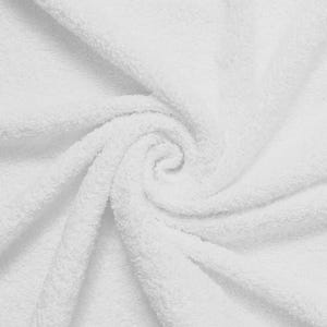 May include: A bright white towel featuring a dense, soft terry cloth texture. The fabric is arranged in a central spiral pattern, showcasing the looped pile construction and the uniform, clean white color of the absorbent textile material.