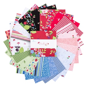 May include: A collection of colorful fabric squares arranged in a circular pattern. The squares feature various floral, striped, and patterned designs in red, pink, green, blue, and black. The center square has the text "Cloudburst" on a white label.