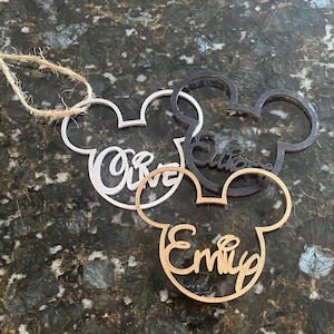 Personalized Disney Mickey Mouse Ear Ornament with Name Gift Tag painted wood