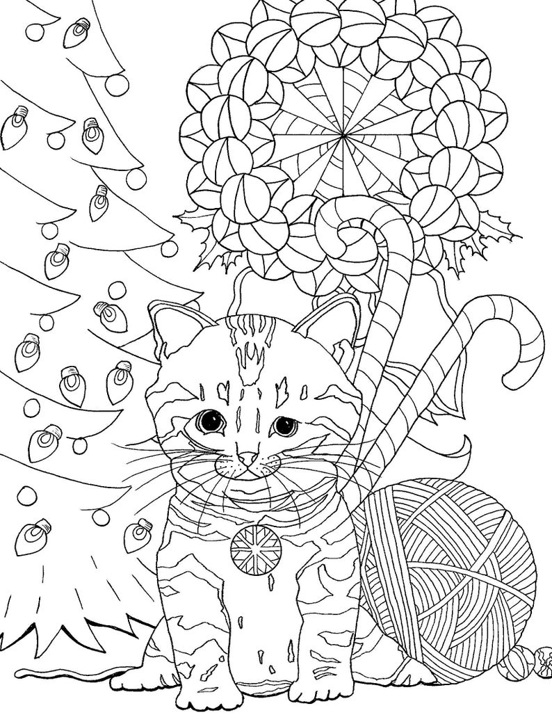 Christmas kitten download and print coloring page from | Etsy