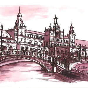 Plaza de España a Siviglia, souvenir a penna e inchiostro di china su carta, ponte al crepuscolo, cartolina, disegno a penna, 10x15