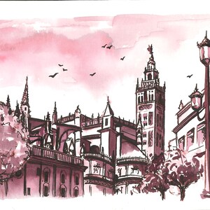 Giralda de Sevilla, recuerdo en pluma y tinta china sobre papel, Catedral al crepúsculo, tarjeta postal de España, dibujo a plumilla, 10x15