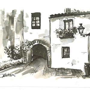 Barrio Judío de Sevilla, recuerdo en pluma y tinta china sobre papel, tarjeta postal de España, dibujo a plumilla, Santa Cruz en 10x15cm
