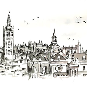 Paisaje de Sevilla, recuerdo en pluma y tinta china sobre papel, Catedral y Giralda, tarjeta postal de España, dibujo a plumilla, 10x15cm