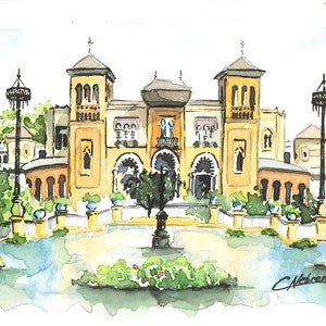 Parque de María Luisa en Sevilla. Vista en acuarela de la Plaza de América, postal de recuerdo de España, técnica mixta acuarela y plumilla