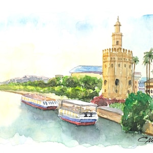 Torre del Oro, Sevilha. Paisagem em aquarela das margens do rio Guadalquivir, lembrança da Espanha, cartão postal, aquarela pintada à mão