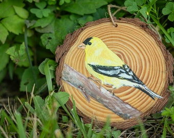 American Goldfinch Handpainted Wooden Bird Ornament, Wood decor, Handmade, Made in Michigan, Bird decor, acrylic, hanging ornament