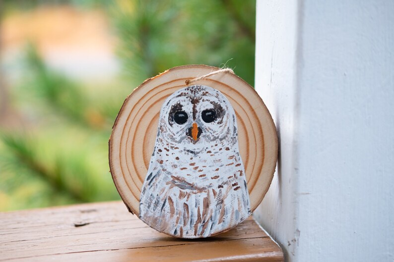 Barred Owl Christmas Ornament handprinted, Made in Michigan, bird wood ornaments Real wood image 1