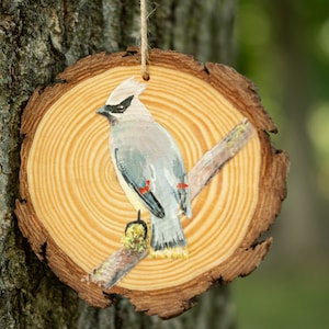 Cedar Waxwing handpainted bird ornament, wooden ornament, birding, acrylic, made in Michigan, home decor. hanging ornament