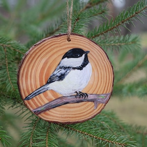 Chickadee handpainted Wood decor ornament, Made in Michigan - Birds/Nature wood gifts, Mothers Day gift, hanging ornaments, birding