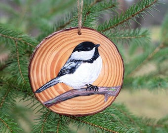 Chickadee handpainted Wood decor ornament, Made in Michigan - Birds/Nature wood gifts, Mothers Day gift, hanging ornaments, birding