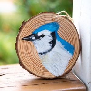 Handpainted Bluejay - real wood hanging ornament /Made in Michigan - bird home decor