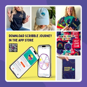 A grid displaying other products sold by the shop ScribbleActivities including mental health stickers, Scribble card activities, art hats and art shirts, and the Scribble Journey App in the App Store.