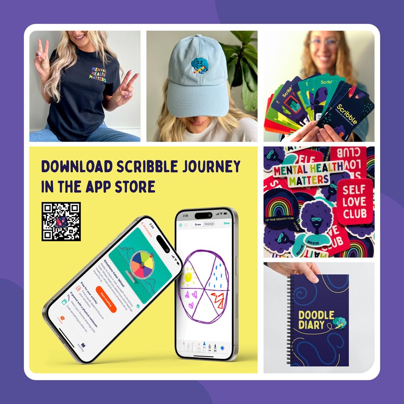 A grid displaying other products sold by the shop ScribbleActivities including mental health stickers, Scribble card activities, art hats and art shirts, and the Scribble Journey App in the App Store.