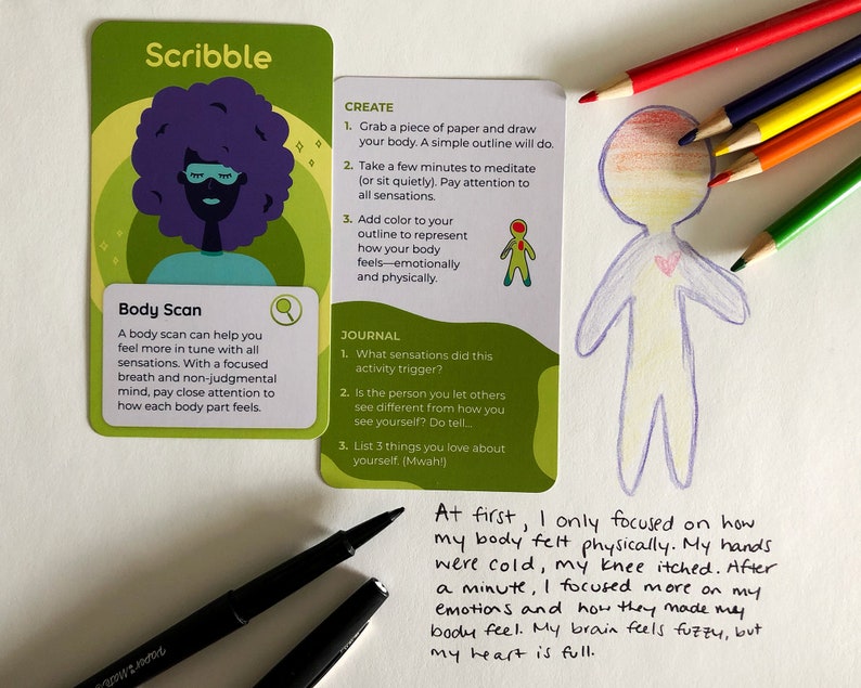 Front and back of an activity card showing a drawing prompt and journal prompt for mental health. A completed activity is shown in colored pencils.