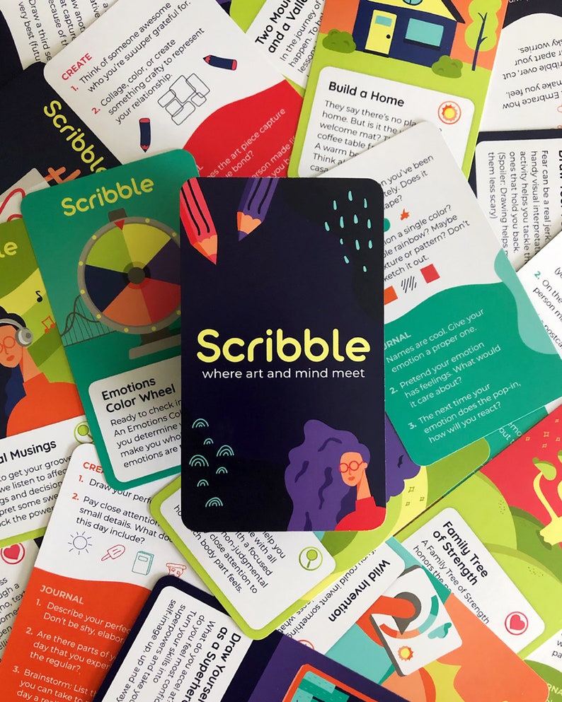 Illustrated card deck displaying drawing and journaling activities for mental health. Card in center shows the Scribble logo.