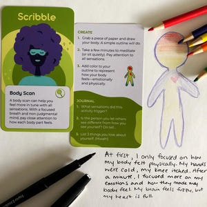 May include: Two cards with text and illustrations, along with a drawing of a person colored with pencils. One card says "Scribble" and "Body Scan." The other card has instructions for a body outline. Colored pencils and a pen are also visible.