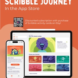 May include: A screenshot of a mobile app called Scribble Journey. The app features a cartoon character with purple hair and glasses. The app offers a free weekly scribble activity, which includes options like "Boost Happiness", "Build Self-Love", "Explore Emotions", "Express Gratitude", "Find Focus", and "Navigate Anxiety".