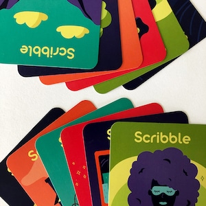 Illustrated card deck displaying drawing and journaling activities for mental health.