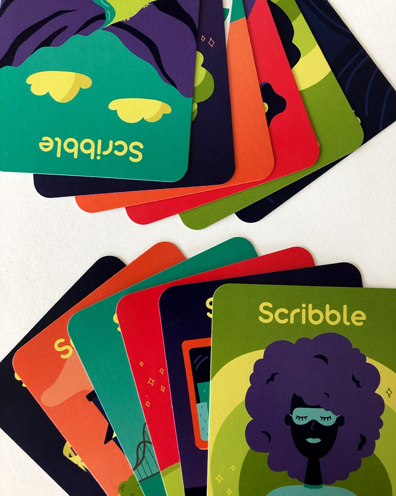 Illustrated card deck displaying drawing and journaling activities for mental health.
