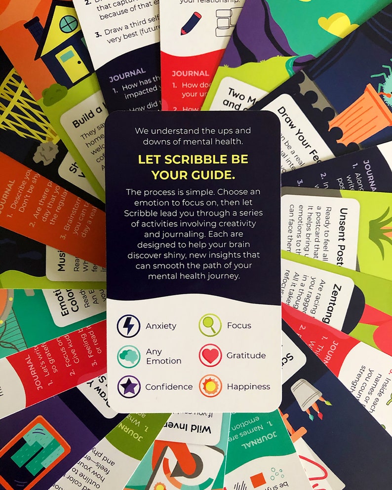 Illustrated card deck displaying drawing and journaling activities for mental health. Card in center shows the emotions targeted: anxiety, focus, gratitude, happiness, and confidence