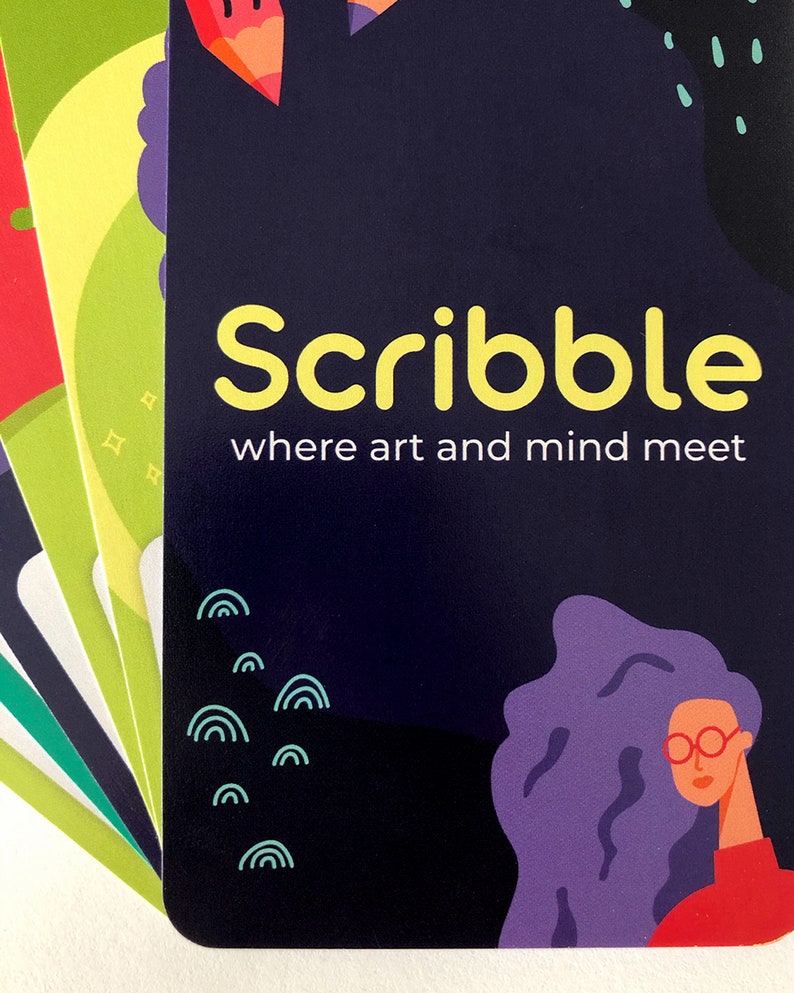 Illustrated card deck displaying drawing and journaling activities for mental health.