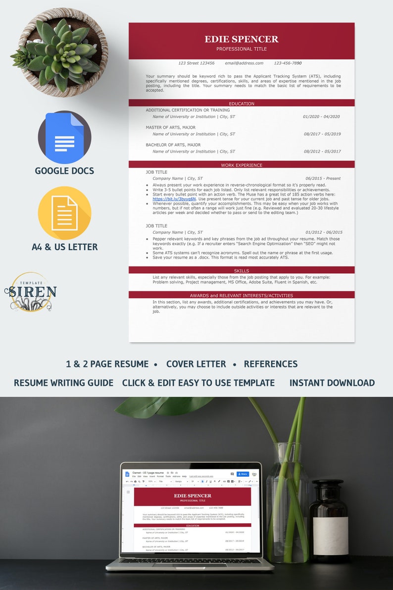 ATS Friendly Resume Template Google Docs Garnet Clean | Etsy