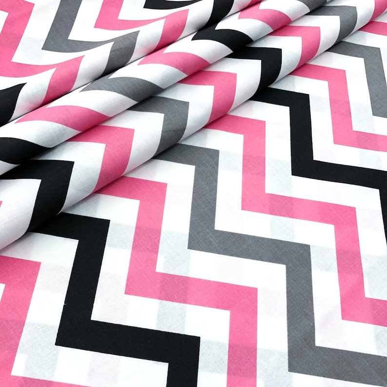 Pink-Gray-Black chevron cotton fabric by the yard by the half yard fabric Zigzag print fabric by the meter