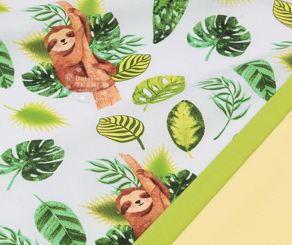 Sloths on white Cotton fabric by the yard by the meter by the Etsy