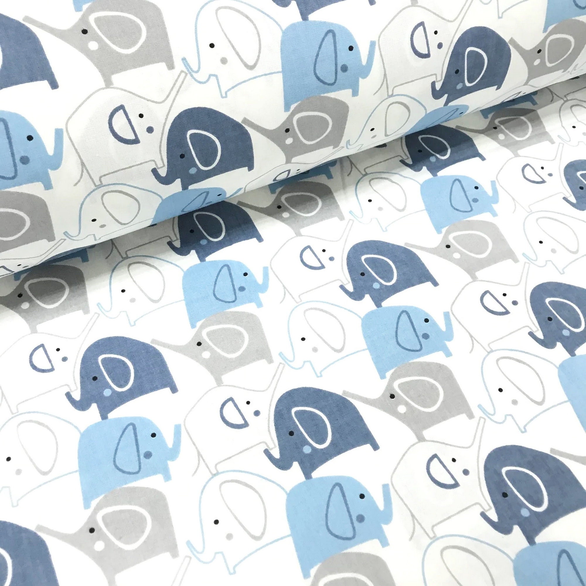 Blue and gray elephants baby Cotton fabric by the yard by the Etsy